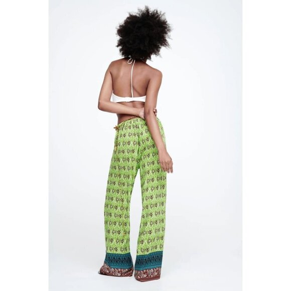 NWOT Zara green & multicolour abstract floral print high waist wide leg pants, S - Picture 4 of 14